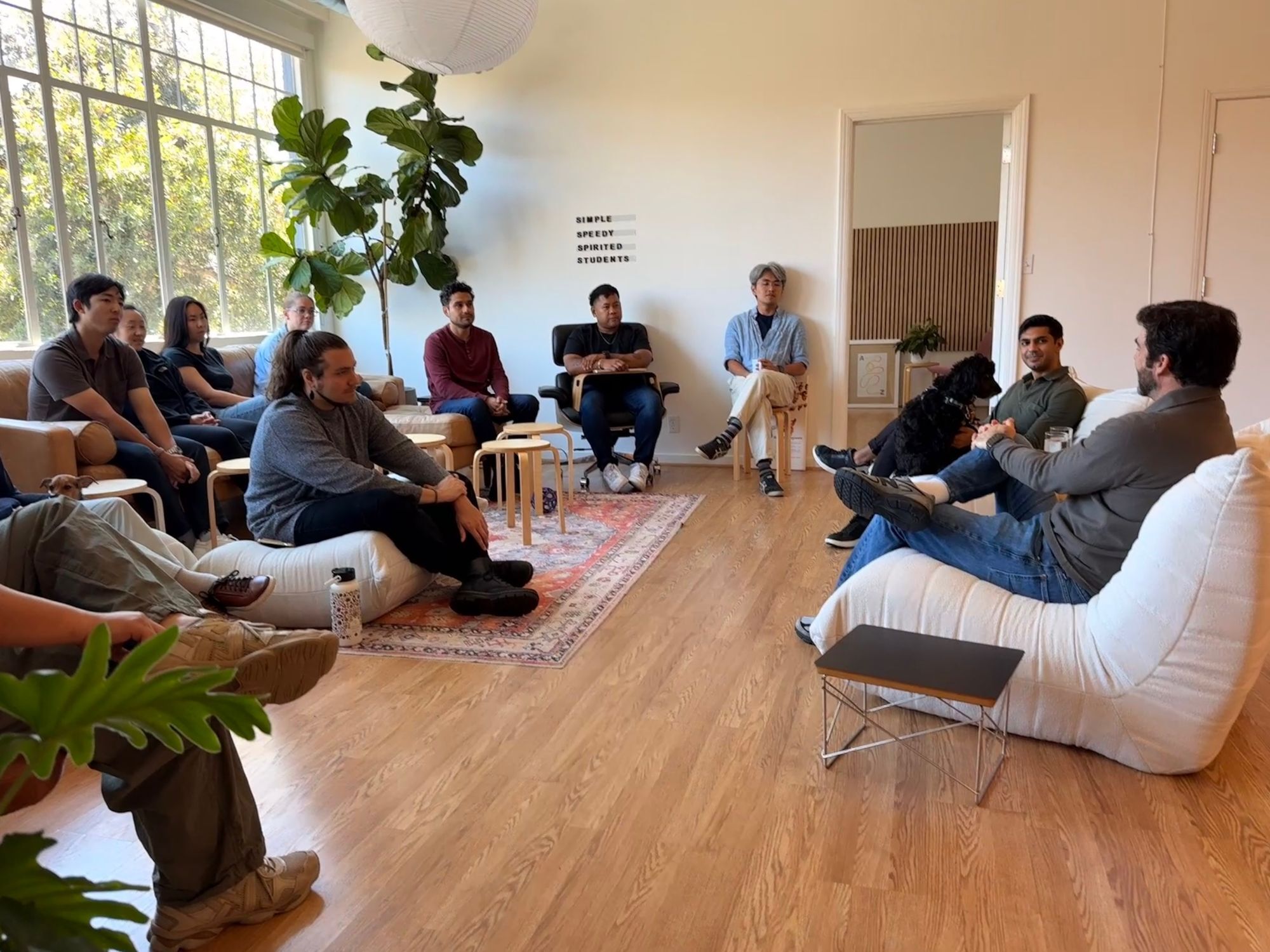 The Blockit team in the office lounge for a fireside chat with Jeff Weiner