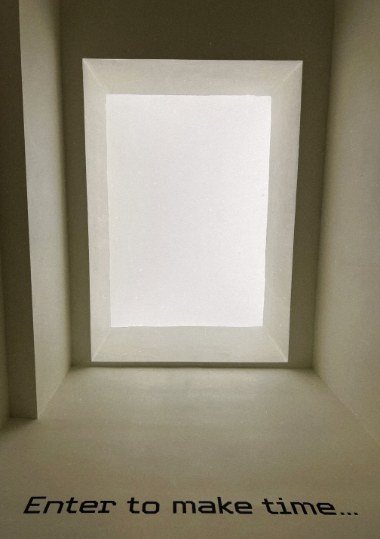 The office entrance, lettered Enter to make time