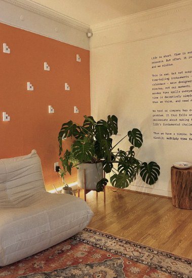 The coral wall with Blockit marks and our manifesto